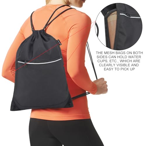 HOLYLUCK Drawstring Backpack Small Gym Bag with Mesh Pockets String Bag Backpack for Men Women, Black4