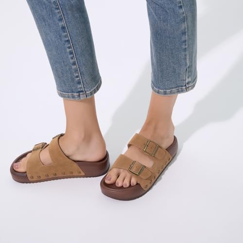 Image of UBFEN Womens Platform Slide Sandals | Real Leather,Buckle Sandals with Cushioned Flatform Footbed,Comfortable for Walking,Arch Support,Casual Styling