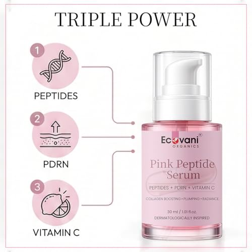 Image of Pink Peptide Face Serum with Matrixyl 3000, PDRN & Vitamin C | Hydrating & Collagen Support Serum with Rose & Waterlily Extract | Lightweight Skin Plumping & Radiance Facial Serum for Smoother Looking Skin | 30 ml