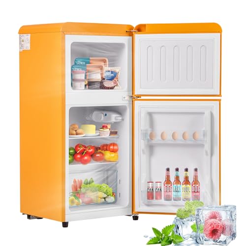 ZWJABYY Frigorífico Mini 60L,Frigorifico Pequeño con Congelador (22L+38L), Frigorifico Combi con LED,88,8x45,5x42cm Frigorífico no Frost con 2 Estantes Ajustables,102 kWh/año, -27°C∽13°C Yellow