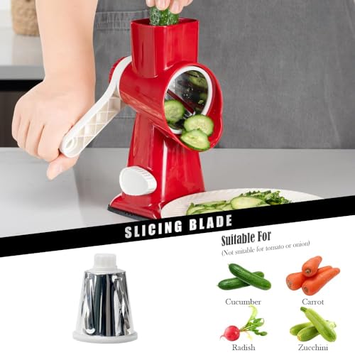 Image of Badelite Cheese Grater Hand Crank Rotating Cheese Shredder Stainless Steel Vegetable Slicer Grater for Kitchen 3 Blades for Cheese, Carrot, Cucumber, Nuts, Chocolate, Red