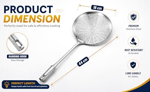 Image of 304 Stainless Steel Cooking Skimmer Jhara with Long Handle, Heavy Duty Spider Strainer Slotted Spoon for Deep Frying, Oil Draining, Pasta, Noodles, Poached Egg, Pakora, Puri & Fries Cooking (Set of 1)