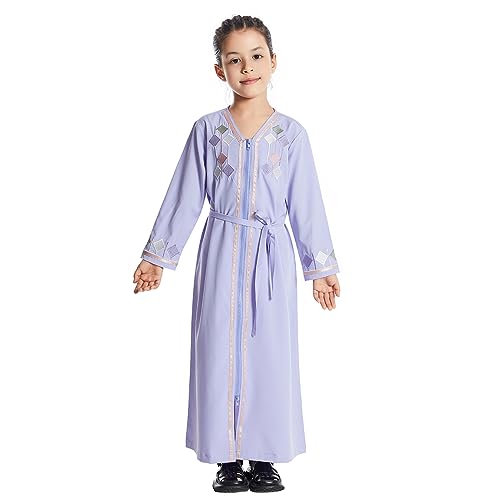 Ibakom Muslim Girl Abaya Dress Long Sleeve Hooded Dubai Attire Islamic Modest Arabian Dresses Full Length Maxi Bohemian Arabic Kaftan Eid Prayer Kurta Middle East Ramadan Thobe Light Purple 3-4 Years thumb #6