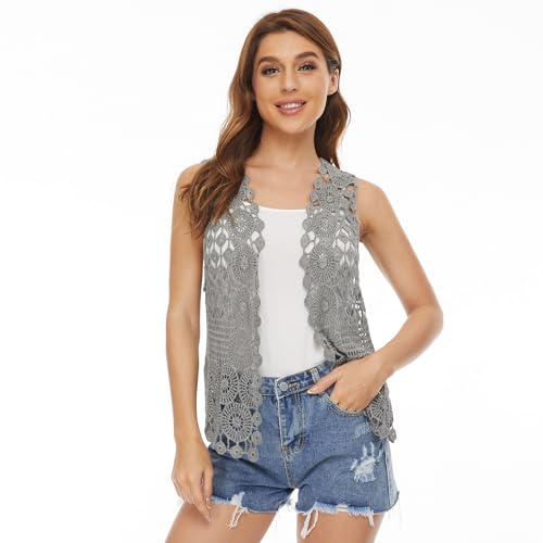 Image of Womens Floral Crochet Lace Boho Trim Sleeveless Open Front Vest Cardigan