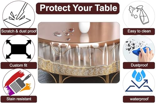 Image of The Furnishing Tree Round Shaped Center Transparent Table Cover WxL 30x30 inches 0.25 mm Thickness with Golden Lace