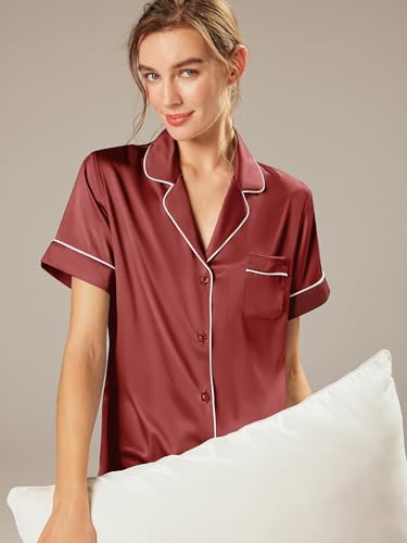 Image of AW BRIDAL Womens Satin Pajama Set Soft Short Sleeve Silk Pajamas Button Down Loungewear Sleepwear Two Piece Pj Sets, S-XL