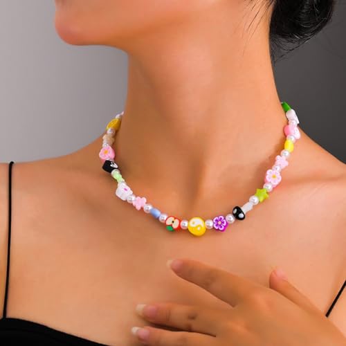 Y2K Necklace for Women Colorful Fruit Pearl Choker Necklace Cute Mushroom Yin Yang Beaded Necklace Handmade Resin Flower Jewelry2
