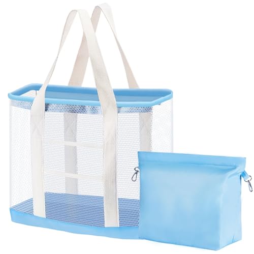 PureSprout Extra Large Mesh Beach Tote Bag for Women with Zipper Sandproof Waterproof 9 Pockets Foldable Storage Pouch & Pockets Beach Bag for Pool Travel Shopping Vacation Family (Blue) by PureSprout - Used condition - US$19.05