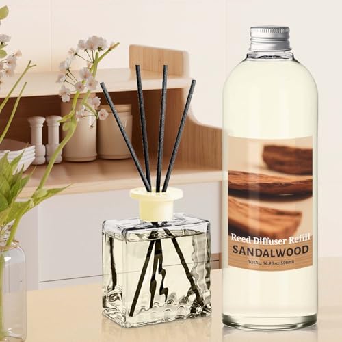 Image of STRN Sandalwood Reed Diffuser Refill 500ml with 6 Natural Reed Sticks, Premium Aromatherapy for Home, Long-Lasting Fragrance for Living Room, Bedroom, Office | Alcohol-Free