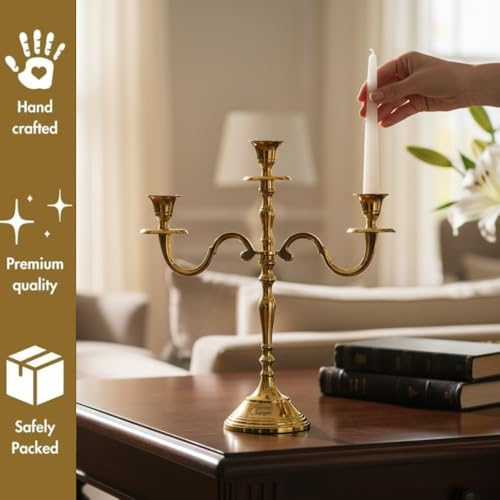 Image of 3 Arm Aluminum Candelabra Gold 16 Inch | Decorative Candelstick Holders for Home Decor, Wedding Parties Decoration & Centerpiece for Dining Table