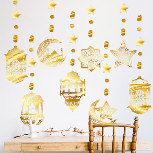 Décoration Ramadan 2026, Decoration Eid Mubarak Lanterne Lune Étoiles Guirlandes Ramadan Mubarak Decor Ramadan Suspendre pour Muslim Fête du Aïd, Intérieure Extérieure Décoration Fournitures
