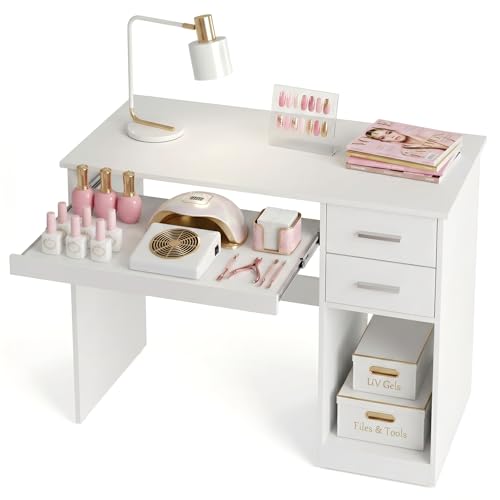 Mondeer Bureau avec 3 Tiroirs, 105 x 48cm avec Tiroir à Clavier, Table Informatique pour Travail Étude Onglerie Chambre Studio