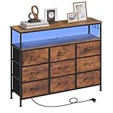 WOLTU Kommode mit 9 Stoffschubladen, LED und Steckdosen, Schubladenschrank mit Metallrahmen, Sideboard Wohnzimmer Schlafzimmer Flur, Rustikales Braun Schwarz