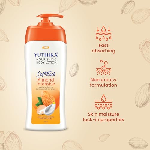 Image of Yuthika Body Lotion Almond Nourish 500ml Pack of 2 Body Lotion - Hydrating Moisturizer for Women & Men, Non-Irritant & Non-Sticky, 24H Hydration for Dry Skin