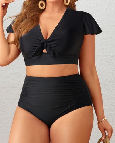 Yonique Womens Two Piece Plus Size Bikini Set High Waisted Swimsuits Tummy Control Bathing Suits Short Sleeve Swimwear2