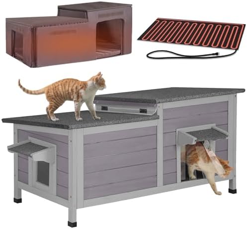 GUTINNEEN Heated Cat House with Insulated Liner Outdoor Cat House with Anti-Bite Cable Weatherproof Cat Shelter with Heater Feral Cat House for Winter