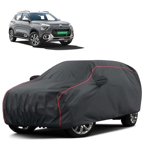 Image of Sulfar 100% Water Resistant Car Body Cover Compatible with Mirror for CITROEN E-C3 All Electric (Triple Stitched, Full Bottom Elastic, Dark Grey Tafetta with Red Piping)