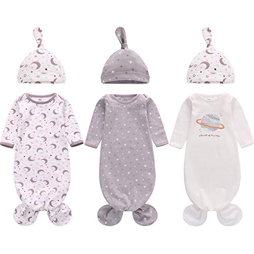 Image of Newborn Knotted Nightgown Long Sleeve with Matching Hat Set 3 Pack, Cotton Baby Sleeper Gowns Sleeping Bags Home Outfits Set with Mitten Cuffs for Boys Girls (Moon + Star + Planet, 0-6 Months)