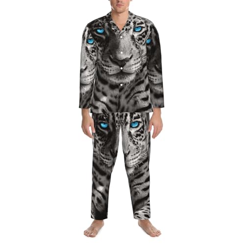 Leopard With Blue Eyes Mens Pajamas Set Button Down Sleepwear Set Long Sleeve Loungewear With Pockets