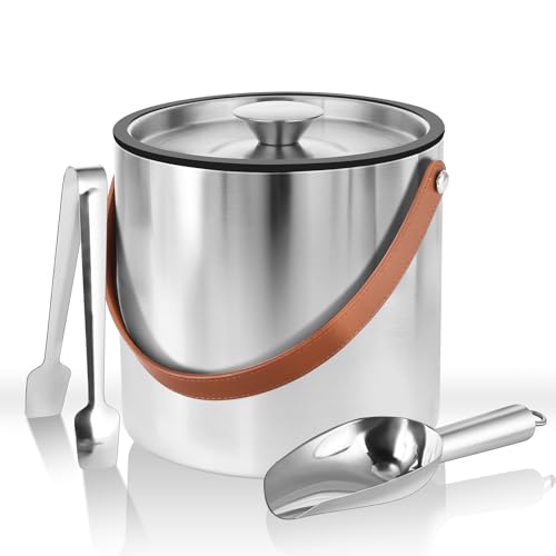 Bakpoco Stainless Steel Double-Wall Insulated Ice Bucket with Lid, Scoop, Tong, Strainer, Leather Handle Keep Ice Frozen Longer Large Wine Ice Buckets for Parties Cocktail Bar Chilling Champagne 2L