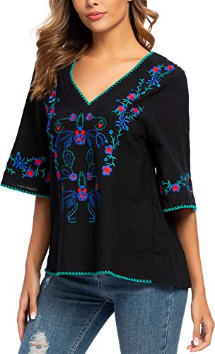 YZXDORWJ Women's Summer Peasant Blouses Boho Embroidery Mexican Bohemian Tops Shirt Tunic Blouses3