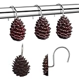 YUKUNTANG Pinecone Shower Curtain Hooks, 12 Pcs Anti Rust Decorative Shower Sliding Hooks Resin Pothook Bathroom Rolling Hangers for Christmas Bedroom Decor