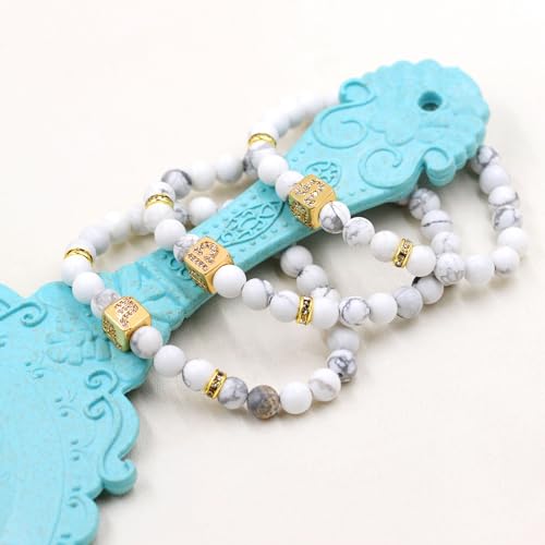 Image of Inlaid Zircon 12 Constellation Adjustable Stretch Bracelet - 6mm Frosted White Turquoise Beaded Bracelets for Women Men SJYA4647