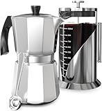 Cafe Du Chateau Espresso Maker & Stainless Steel French Press Bundle - 6 Cup Coffee Percolator w/Coffee Clip Spoon - 34oz Versatile Coffee Press w/ 4-Level Filtration