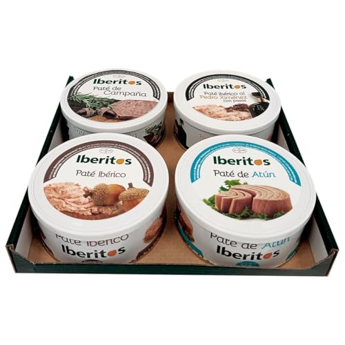 Iberitos - Pack 4 Sabores de Paté Ibérico, Campaña, Pedro Ximénez y Atún - Selección Gourmet para Aperitivos y Regalos - 4 Latas de 250 g - Contiene 1,4 kg