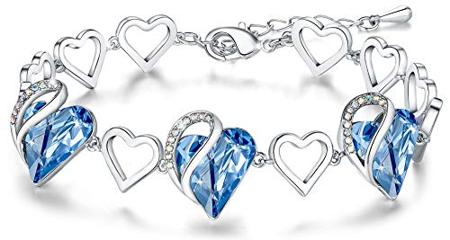 Leafael Infinity Love Heart Link Bracelet with Light Sapphire Blue Birthstone Crystal for March and December, Women's Gifts, Silver-Tone, 7