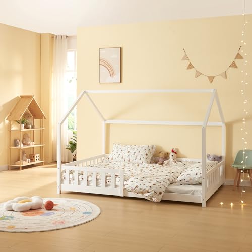 [en.casa] Kinderbett Hesel Hausbett Weiß 120 x 200 cm mit Rausfallschutz und Lattenrost Montessori Bodenbett Jugendbett Holzbett