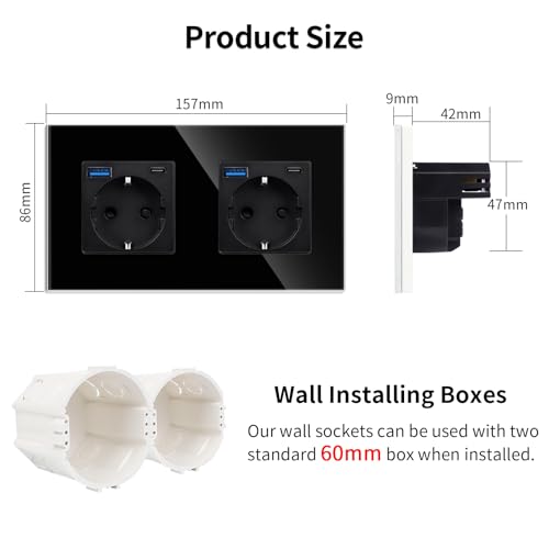 Tomas de vidrio negro de 2 compartimentos con carga rápida USB de 20W 3
