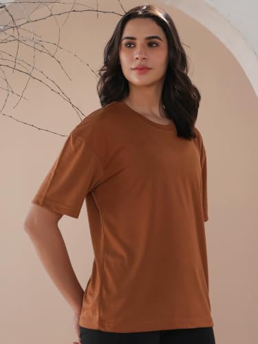 Image of CHKOKKO Oversized Round Neck Drop Shoulder Solid Polyester Full Sleeves T-Shirt for Women