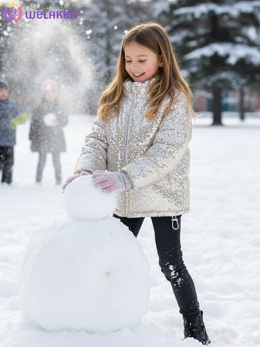 WELAKEN Girls Sequin Quilted Jacket Sparkly Warm Cotton Coat2