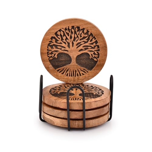 Kimona Coasters Set of 4 Handmade Round Wooden Tree of Life Coasters for Drinks with Iron Holder for...