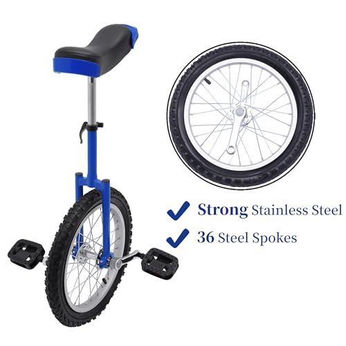 LEYSRIS 16\" Outdoor Wheel Unicycle, Height Adjustable Steel Frame Leakproof Tire Wheel Cycling Exercise Bicycle for Office Workers, Students, Cycling Enthusiasts (Blue)
