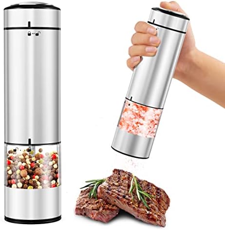 OUWMAN 2 Pack Electric Salt and Pepper Grinder Set, Automatic Stainless Steel Pepper Mill Grinder with Convenient One Hand Operation, LED Light, Adjustable Coarseness, Cleaning Brush, Battery Powered