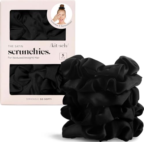 Kitsch Satin Scrunchies for Women | For All Hair Types - Black, 5pcs...