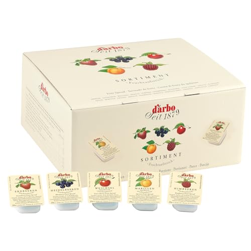 Darbo, Confetture Spalmabili Assortite, Mix di Marmellate Monoporzione al Lampone, Fragola, Albicocca, Ciliegia e Mirtillo Nero, 100 Confetture da 25 g, 20 Porzioni per Gusto, Formato Convenienza