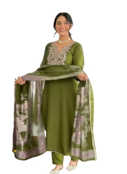 Women Embroidered Rayon Slub Kurta Pant Set with Dupatta, Olive Green, Ethnic Wear-picture-14