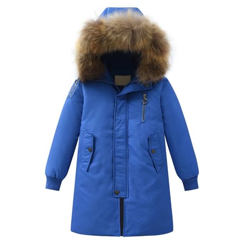 Boys Girls Long Winter Warm Puffer Down Coat Kids Faux Furry Hooded Down Jacket Outerwear Windproof (Blue, 7-8 Years)