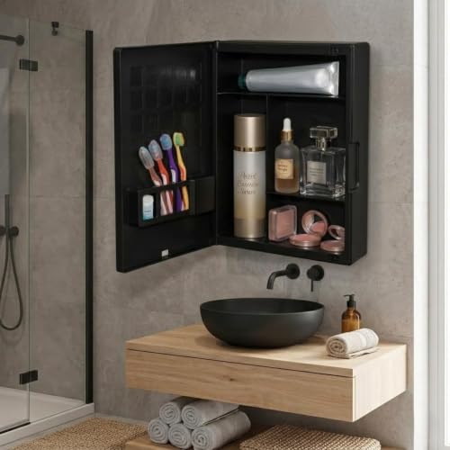 Image of CIPLA PLAST Plastic New Rich Look Bathroom Organizer Cabinet | Mirror with Shelf | 4 Shelves Storage Organizer | Wall Mounted Cabinet | for Home /Kitchen /Toilet (Brc-931) (Black)