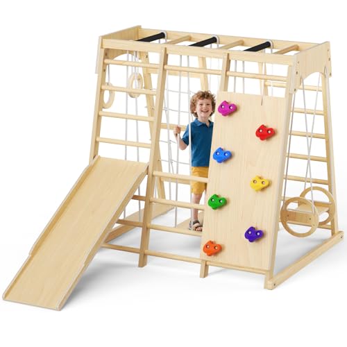 Aire de Jeux intérieure 9 en 1 pour Enfants, Aire de Jeux intérieure en Bois avec Toboggan et balançoire, Ensemble d'escalade Montessori avec Filet d'escalade et Barres de Singe