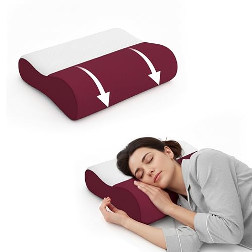 Image of Ergonomic Cervical Pillow, Memory Foam Contour for Sleeping Neck Support, Dual 9 cm 12 cm Heights, Slow Rebound 50D Core, Burgundy Maroon Jacquard Case, 60 x 35 cm