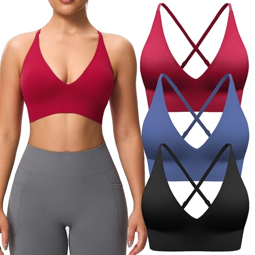 Image of BLUELILY Sports Bras for Women Padded Adjustable Deep V Neck Bra Seamless Spaghetti Strap Criss Cross Light Impact Yoga Bras