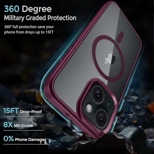 Image of DIZORO iPhone 14 Case,Compatible with MagSafe, Non Yellow Military-Grade Drop Protection & Hard PC Back Cover Slim Transparent Anti-Scratch Shockproof Phone Case - Wine Red