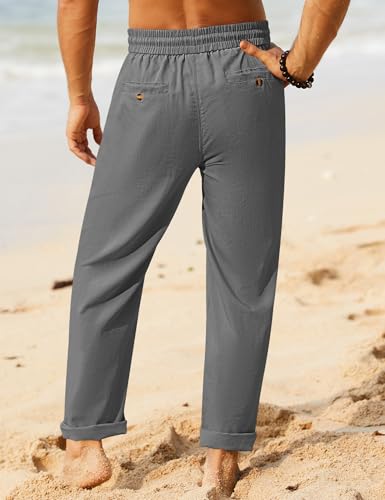 Image of iWoo Linen Pants Men Casual 2025 Summer Beach Elastic Drawstring Waist Yoga Pants Travel Baggy Work Pant Pajama