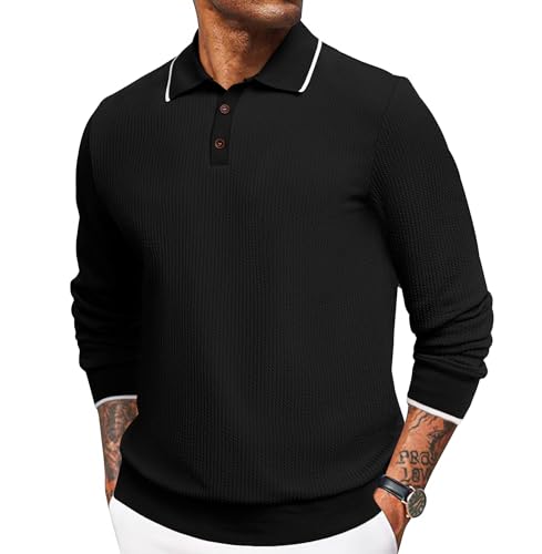 Angbater Men’s Casual Polo Shirt Long Sleeve Textured Button Collared Polo Knit Stretchy Golf Pullover Sweaters