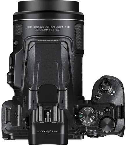 สูงสุด view of the Nikon COOLPIX P950 camera, showing the mode dial, zoom lever, and other controls