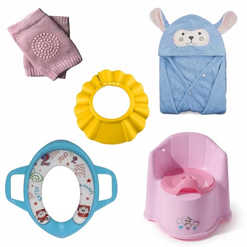 Image of Safe-O-Kid Potty Training Combo | 1 Cushioned Potty Seat, 1 Potty Training Seat, 1 Pair Anti-Slip Knee Pads, 1 Baby Bath Towel & 1 Bath Shampoo Hat | Baby Toilet Training for Toddlers - Assorted